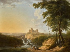 An Extensive Landscape With A View Of Chepstow Castle On A Hill Beyond — John Inigo Richards