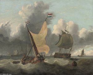 Warships And Dutch Barges In A Stiff Offshore Breeze — Charles Martin Powell