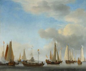 A Dutch State Barge Under Oars With Bezan Yachts Under Sail — Willem Van De Velde El Joven, Dutch Marine Painting
