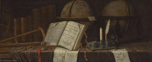 A vanitas still life with celestial and terrestial globes, a pair of dividers, a sextant, an inkwell with a quill and a candle, and a copy of A mathematical compendium, or, Useful practices in arithmetick, geometry, and astronomy, geography and navig....