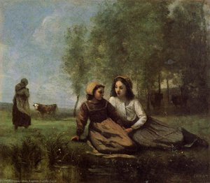 Two Cowherds In A Meadow By The Water — Jean-baptiste-camille Corot