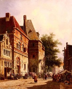 A Sunlit Street On Market Day — Adrianus Eversen