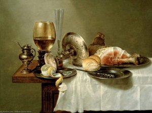 Still Life Of A Roemer, An Overturned Silver Tazza, A Flute And A Ham — Willem Claesz Heda