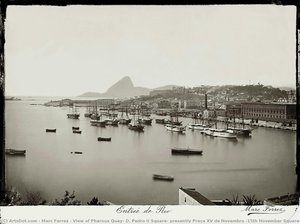 View of Pharoux Quay, D. Pedro II Square, presently Praça XV de Novembro (15th November Square) ; in the background, the Castelo Hill and the Sugarloaf, c. 1885\nMarc Ferrez