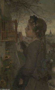 A Girl Feeding A Bird In A Cage — Jacob Henricus Maris