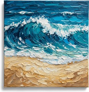Monumental Surge: A Sculptural Study Of Rhythmic Cerulean Waves And Golden Shoreline — David Moreau, Plaster & Texture Art