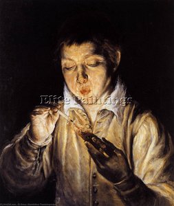 A Boy Blowing On An Ember To Light A Candle (soplón) — El Greco, Baroque