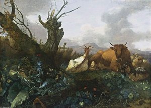 Cow, Goats And Sheep In A Meadow — Willem Romeijn