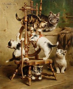 Kittens Playing On A Spinning Wheel — Carl Reichert