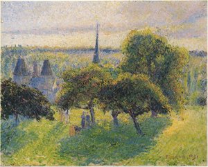 Farm And Steeple At Sunset — Camille Pissarro