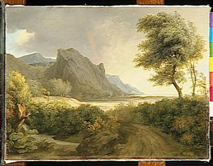 Paysage Montagneux Baigne Par La Mer. L'arc En Ciel — Pierre De Valenciennes
