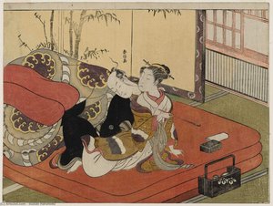 Courtesan Blowing Smoke In Man's Face