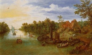 River Landscape With Landing — Jan Breigel Stariji, Baroque Landscape