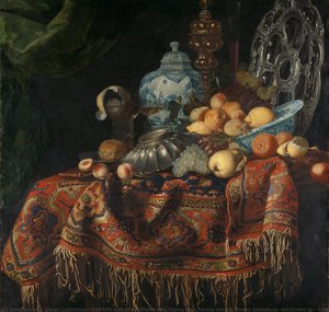 Still Life with Fruit, Plates and Dishes on a Turkey Carpet, Simon Luttichuys (attributed to), 1650 - 1680