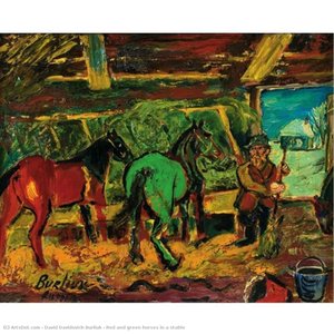 Red and green horses in a stable
