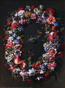 estoon with flowers, birds and a butterfly