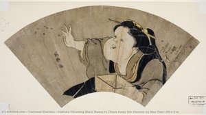 Otafuku Throwing Black Beans To Chase Away The Demons On New Year's Eve — Toshusai Sharaku