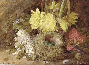 May Blossom, Violets, Primroses, Daffodils In A Wicker Basket, And Eggs In A Bird's Nest, On A Mossy Bank — Vincent Clare