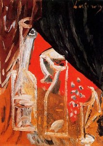 Still life with bottles and curtains