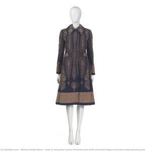 Coat In Navy Blue Velour-finished Wool With Mirrored Beige And Brown Bold Paisely Print — William Ralph Blass