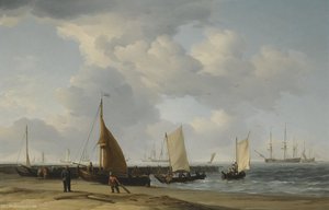 A Dutch Beach Scene With A Man-of-war In The Distance — Charles Brooking