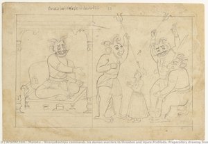 Hiranyakashipu Commands His Demon Warriors To Threaten And Injure Prahlada. Preparatory Drawing From The ‘small Bhagavata Purana’ Series — Manaku