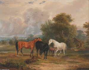 Horses Grazing- Mares And Foals In A Field — Francis Calcraft Turner