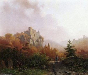 Summer - A Peasant on a Rocky Path - a Ruin in the Background