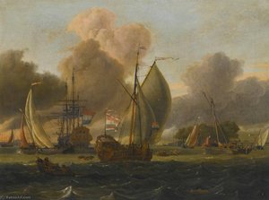 Dutch Man 'o War, States Yacht And Other Ships In A Fresh Breeze — Abraham Storck (sturckenburch)