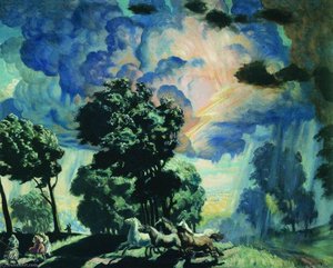 Horses During A Thunderstorm — Boris Kustodijev, Romanticism