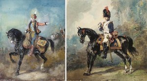 A Hussard Officer Riding, Right Pointing; And Dragon Horse Facing Left — Eugene Louis Lami