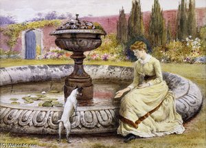 A Lady And A Dog Beside An Ornamental Pool — George Goodwin Kilburne