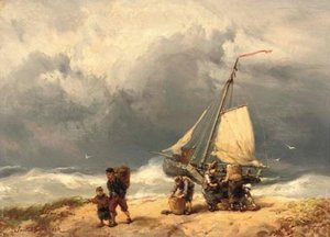 Fisherfolk On A Windswept Beach — Johannes Hermann Barend Koekkoek