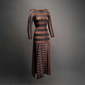 Issey Miyake, Brown And Black Striped Polyester Skirt Ensemble — Issey Miyake