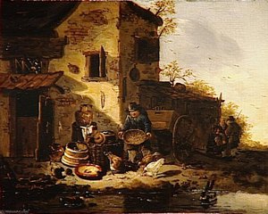 PAYSAN DONNANT A MANGER A DES POULES