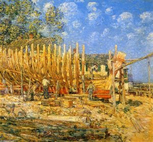 Building The Schooner, Provincetown — Frederick Childe Hassam, Impressionism