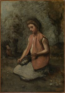 Girl Weaving A Garland — Jean-baptiste-camille Corot