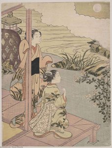 Two Girls On A Veranda Beside A Stream With The Moon — Suzuki Harunobu