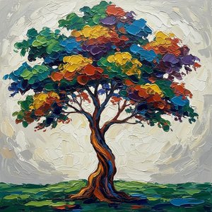 Eternal Radiance: A Monumental Impasto Study Of The Prismatic Solitary Tree — Christian Noiret, Contemporary Abstract Painting