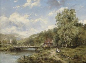 A Wooded River Landscape, With Figures On A Path By A Bridge, A Village Beyond — Frederick Waters (william) Watts