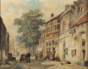 A Streetscene In Culemborgh With A Dog-cart — Cornelis Springer