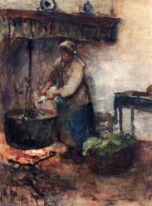 A Cottage Interior With A Peasant Woman Preparing Supper — Albert Neuhuys
