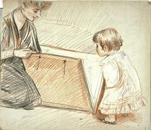Madame Helleu, Kneeling, Looking At A Drawing Board With Paulette — Paul César Helleu