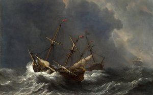 Three Ships In A Gale — Willem Van De Velde The Younger, Romanticism