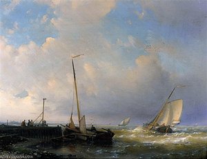 Dutch Yachts Sailing Close To A Pier — Abraham Hulk Senior, Romanticism