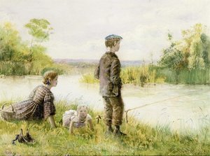 Children Fishing By A Stream — George Goodwin Kilburne