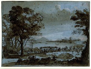 Coast Scene With A Battle On A Bridge — Claude Lorrain (claude Gellée), Baroque
