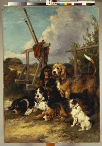 Otter Hounds By A Bridge — John Emms