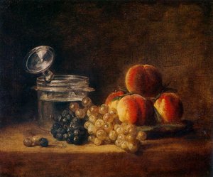 Panier De Pêches Et Raisin Blanc Et Noir Avec Rafraîchissoir Et Verre À Pied — Jean-baptiste-siméon Chardin, Rococo