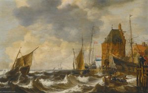 Dutch Vessels And A Rowing Boat On Choppy Waters By A Small Harbour Town — Bonaventura I Peeters